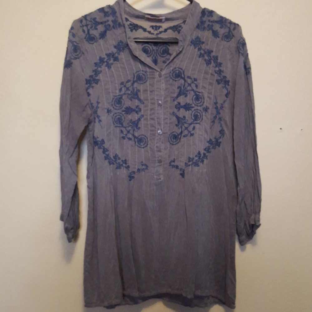 Johnny Was Silk Embroidered Blouse